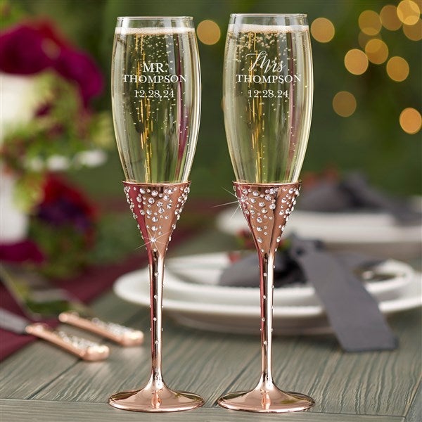 Radiant Rose Gold Etched Wedding Champagne Flutes