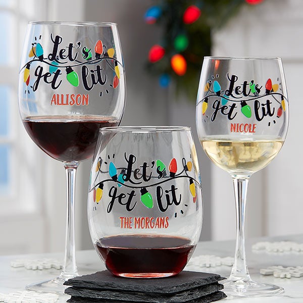 Funny Christmas Lights & Santa Hat Red Stemmed Wine Glass Imprint LET'S GET LIT! 