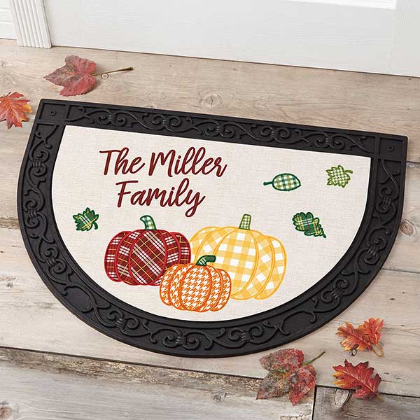 Personalized Half Round Doormats - Plaid Pumpkin - 21176