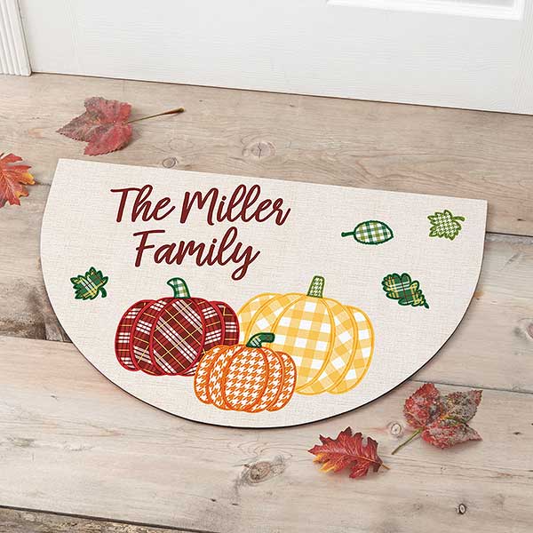 Personalized Half Round Doormats - Plaid Pumpkin