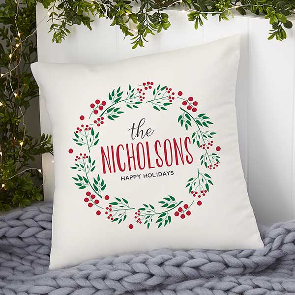 Personalized Christmas Throw Pillows - Holiday Wreath - 21439