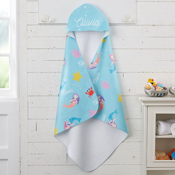 MERMAID and Personalised Name Embroidered on Towels Bath Robes Hooded Towel 