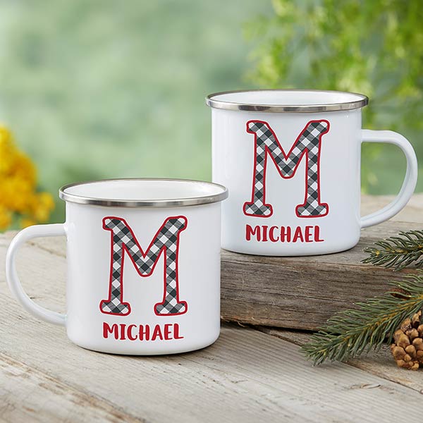 Personalized Camping Mugs - Buffalo Check Initial - 21659