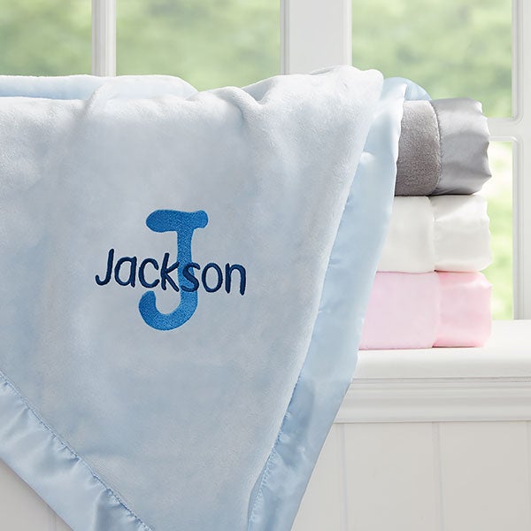Name Initial Embroidered Blue Satin Trim Baby Blanket