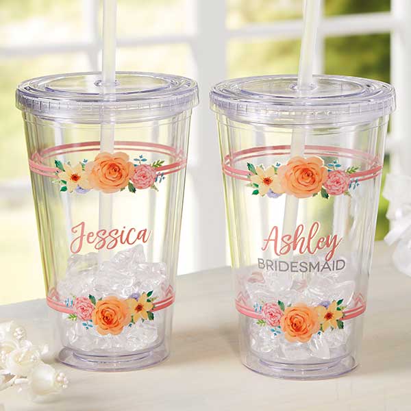 Floral Name Personalized Insulated Tumbler With Lid & Straw