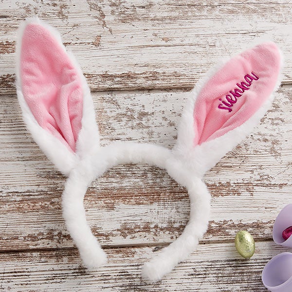 Personalized White Easter Bunny Basket 11 x 12 Pink Liner with Custom Name Embroidery on Soft Rabbit Ear 