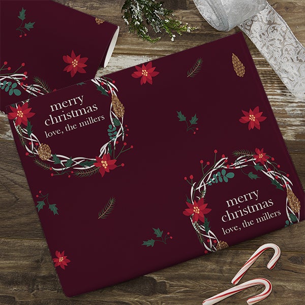 Floral Wreath Personalized Holiday Wrapping Paper - 22666