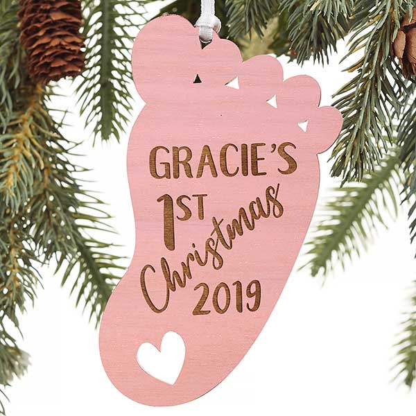1st Christmas Baby Footprint Pink Wood Ornament Christmas Gifts