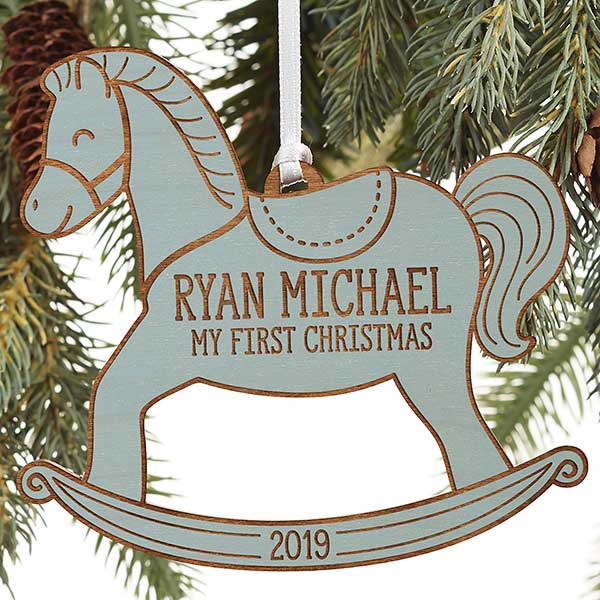 My 1st Christmas Rocking Horse Blue Wood Baby Ornament Small Wooden Rocking Horse Christmas Decoration