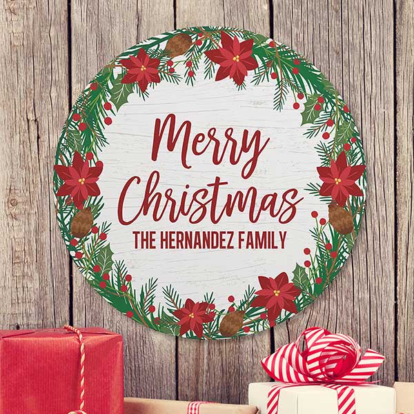 Holiday Wreath Personalized Round Wood Sign - 22889