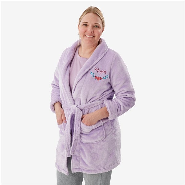 Floral Embroidered Short Purple Fleece Robe