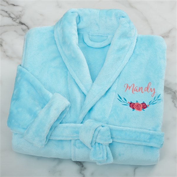 Floral Embroidered Short Fleece Bath Robes - 22977