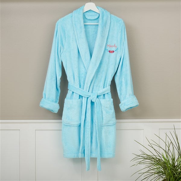 Floral Embroidered Short Aqua Fleece Robe