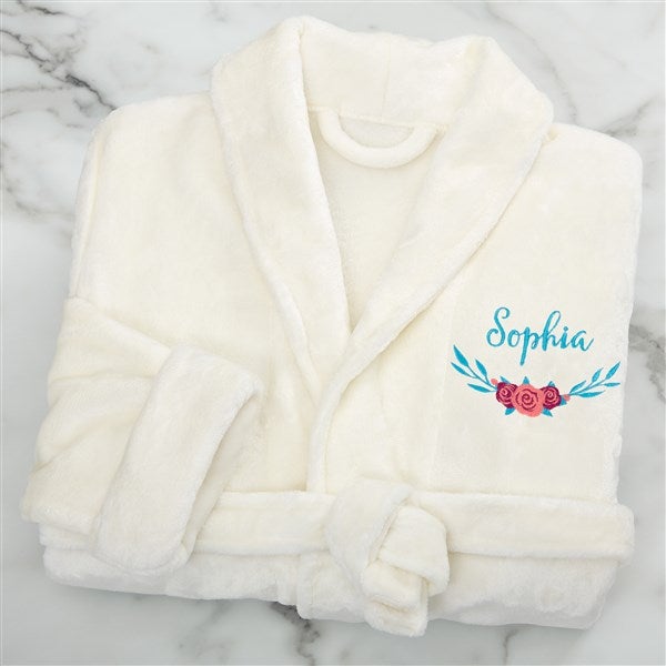 Floral Embroidered Short Fleece Bath Robes - 22977