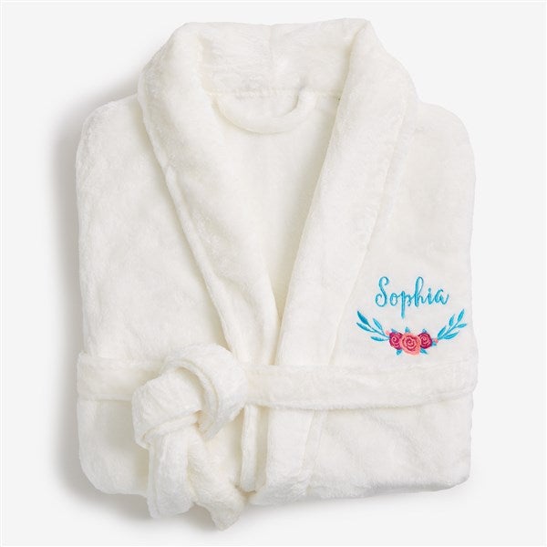 Floral Embroidered Short Fleece Bath Robes - 22977