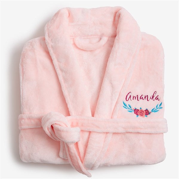 Floral Embroidered Short Fleece Bath Robes - 22977