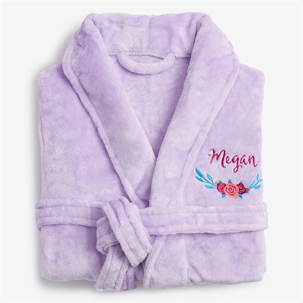 Floral Embroidered Short Fleece Bath Robes - 22977