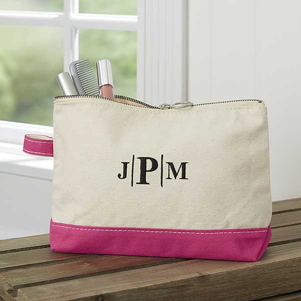 Custom Embroidered Pink Canvas Makeup Bag