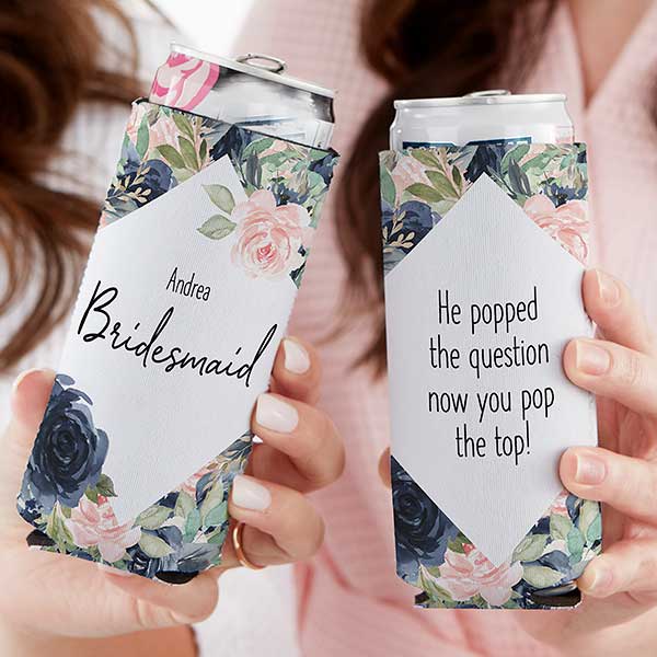 Navy Colorful Floral Bridesmaid Personalized Slim Can Cooler - 23502