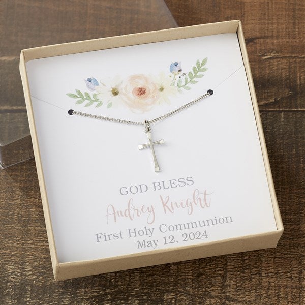 First Communion Cross Necklace With Personalized Display Card - 23720