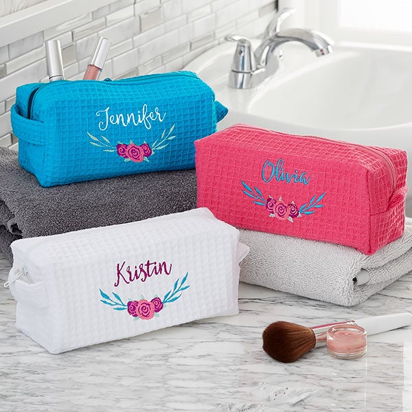 Floral Personalized Aqua Waffle Weave Makeup Bag - For Her