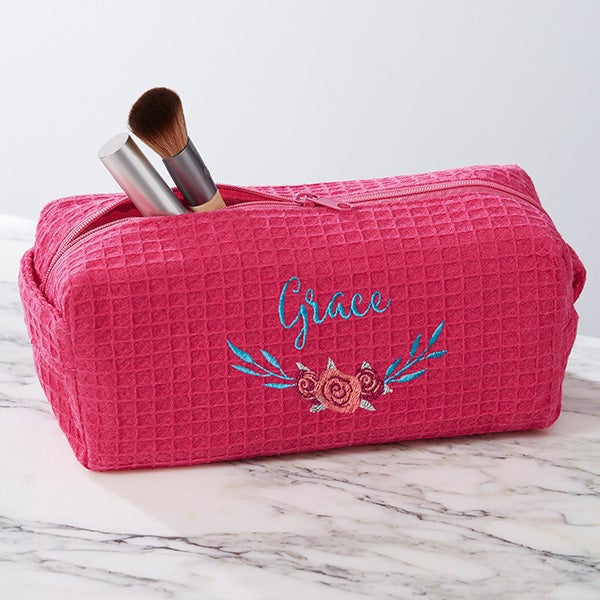 Floral Personalized Pink Waffle Weave Makeup Bag