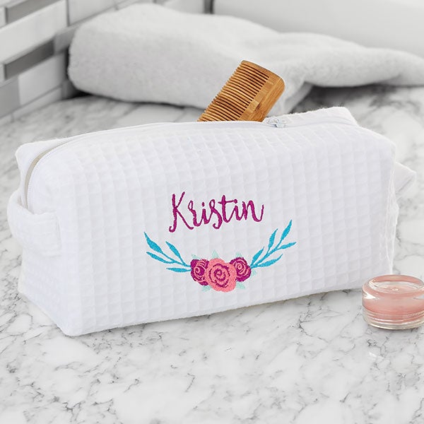 Personalized Waffle Weave Floral Makeup Bags