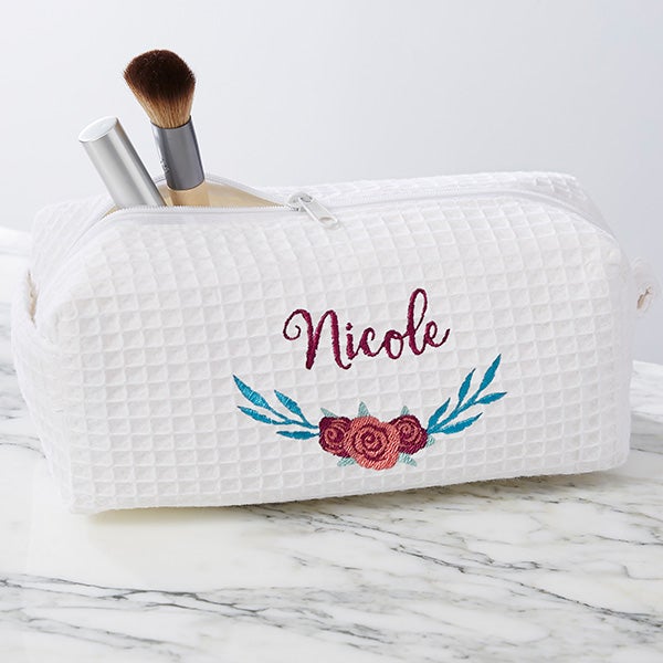 Floral Personalized White Waffle Weave Makeup Bag