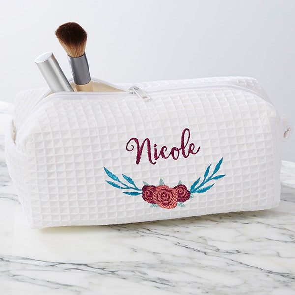 Personalized Waffle Weave Floral Makeup Bags - 23871