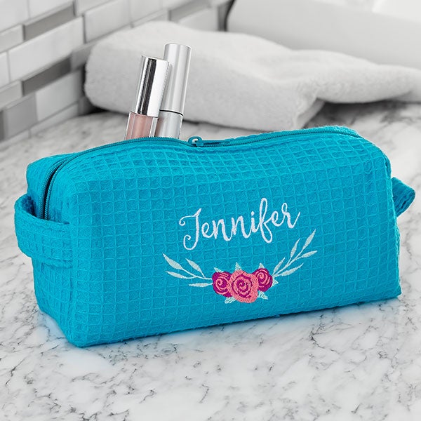 Floral Personalized Aqua Waffle Weave Makeup Bag - For Her
