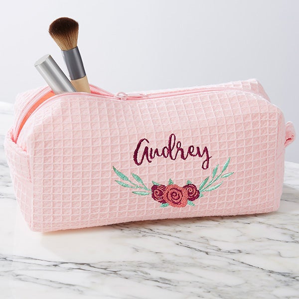 Floral Personalized Blush Waffle Weave Makeup Bag
