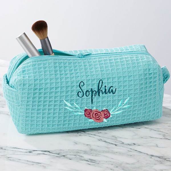 Personalized Waffle Weave Floral Makeup Bags - 23871