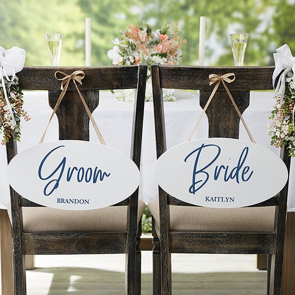 Personalized Wedding Chair Signs - Wedding Couple Oval Wood Signs - 24549