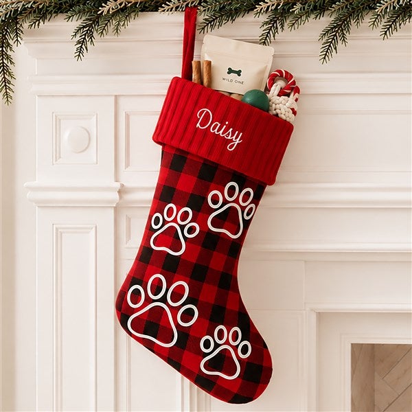 Buffalo Check Paw Prints Personalized Dog Christmas Stockings - 24603