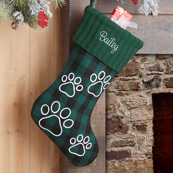 Buffalo Check Paw Prints Personalized Dog Christmas Stockings - 24603