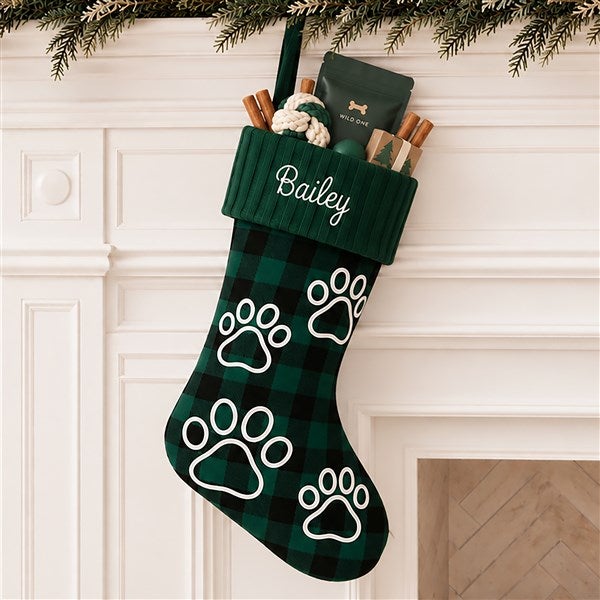Buffalo Check Paw Prints Personalized Dog Christmas Stockings - 24603
