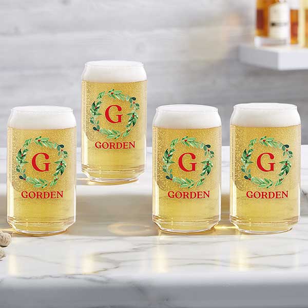 Personalized Beer Glasses - Holiday Monogram Wreath - 24724