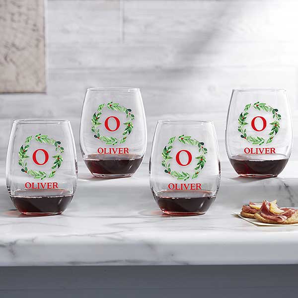 Personalized Christmas Wine Glasses - Holiday Monogram Wreath - 24725