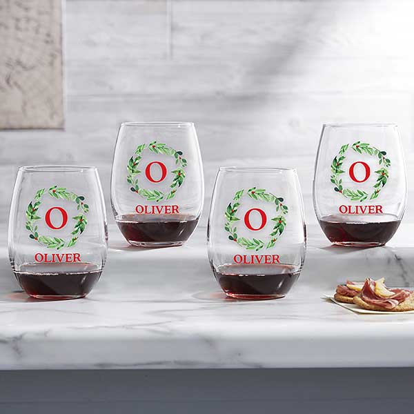 Personalized Christmas Wine Glasses - Holiday Monogram Wreath