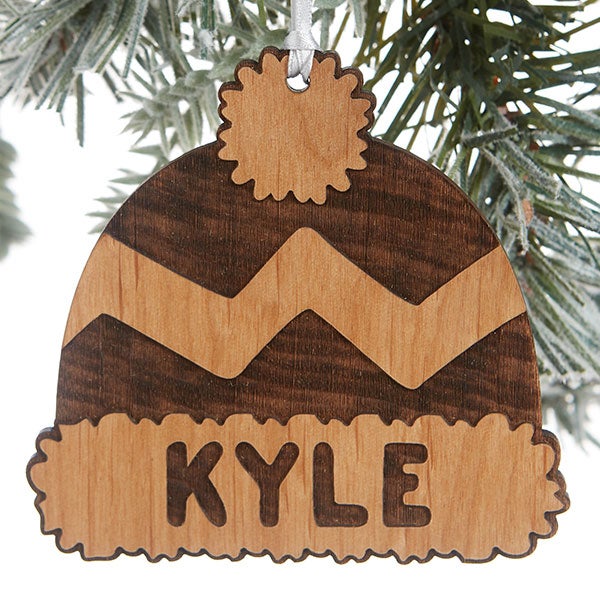 Custom Engraved Wood Family Winter Hat Ornaments - 24815