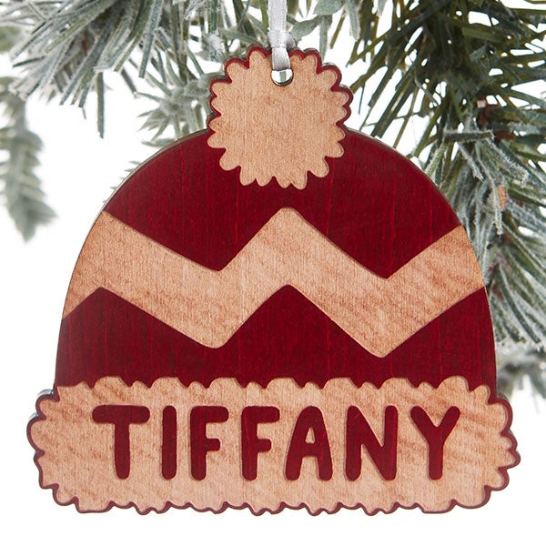 Custom Engraved Wood Family Winter Hat Ornaments - 24815
