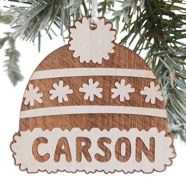 Custom Engraved Wood Family Winter Hat Ornaments - 24815