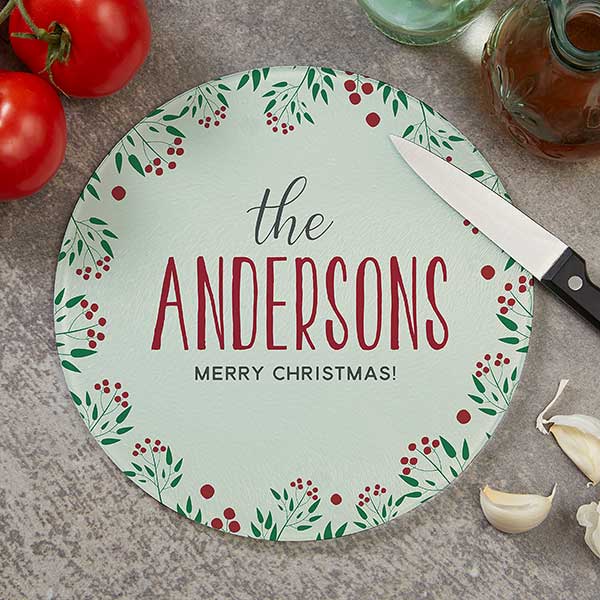 Personalized Round Glass Cutting Boards - Christmas Wreath - 24859
