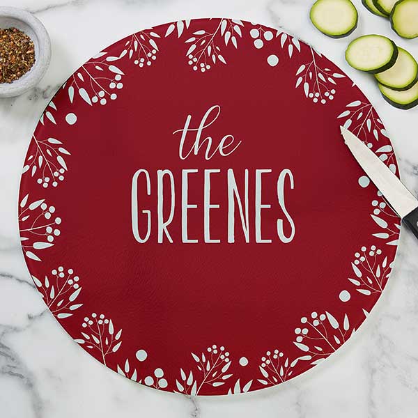 Personalized Round Glass Cutting Boards - Christmas Wreath - 24859