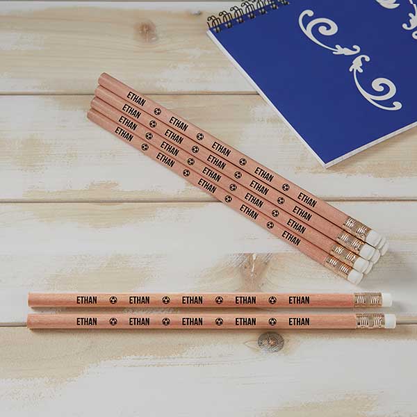 Personalized Pencils - Name & Icons - Set of 12 Natural Wood Pencils - 24942