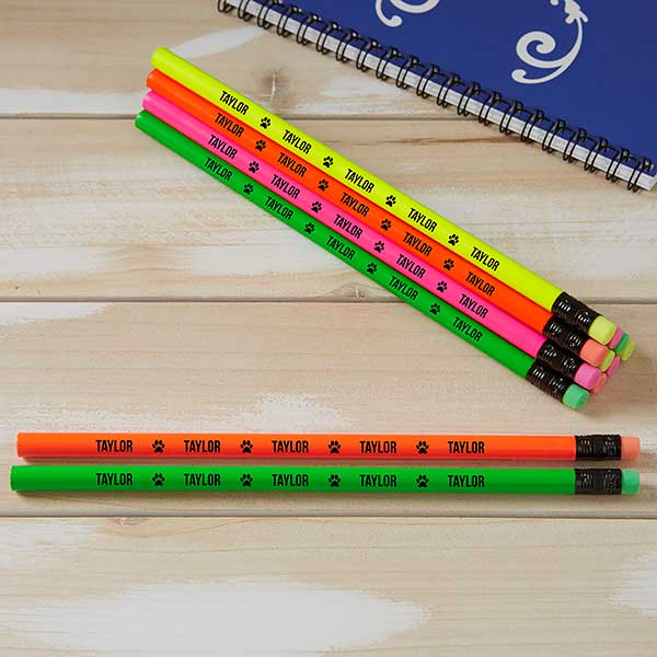 Personalized Pencils - Name & Icons - Set of 12 Assorted Neon Pencils - 24947
