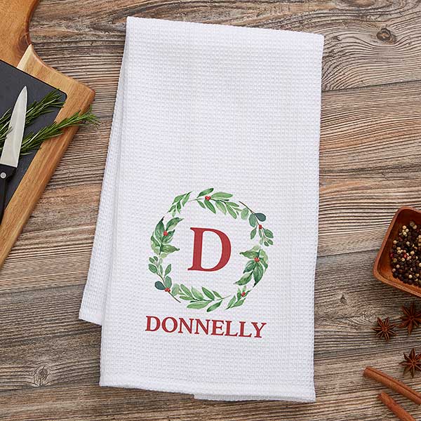 Watercolor Wreath Personalized Waffle Weave Christmas Kitchen Towel