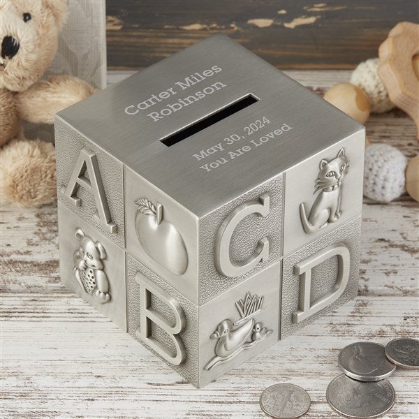 Baby Block Engraved Pewter Piggy Bank - 25156