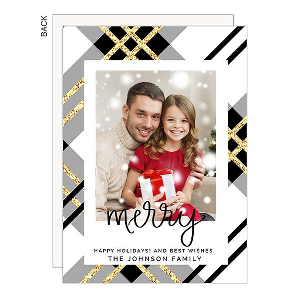 Merry Trendy Plaid Personalized Christmas Photo Cards - 25206