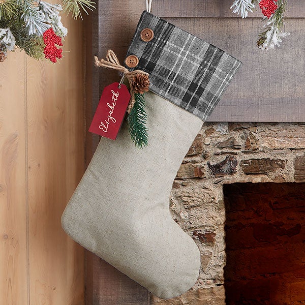 Grey Plaid Evergreen Personalized Stocking - Red Maple Wood Tag